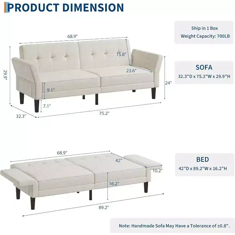 89 Futon Sofa Bed, Modern Sleeper Sofa with Adjustable Backrest & Armrest, Convertible Futon Couch Bed with 2 Pillows for Home Office