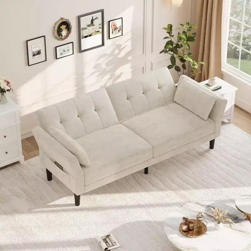 89 Futon Sofa Bed, Modern Sleeper Sofa with Adjustable Backrest & Armrest, Convertible Futon Couch Bed with 2 Pillows for Home Office