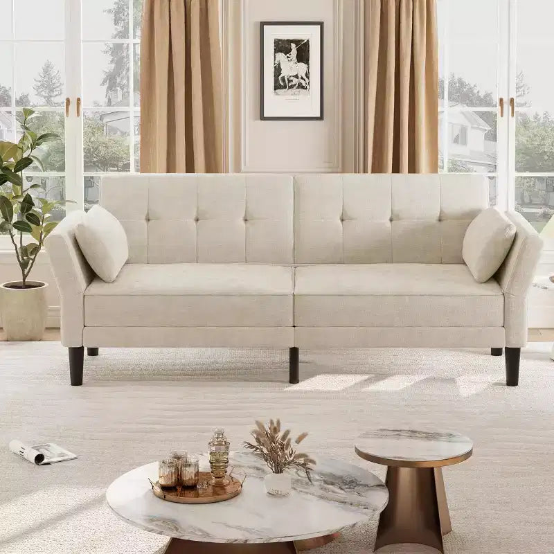 89 Futon Sofa Bed, Modern Sleeper Sofa with Adjustable Backrest & Armrest, Convertible Futon Couch Bed with 2 Pillows for Home Office