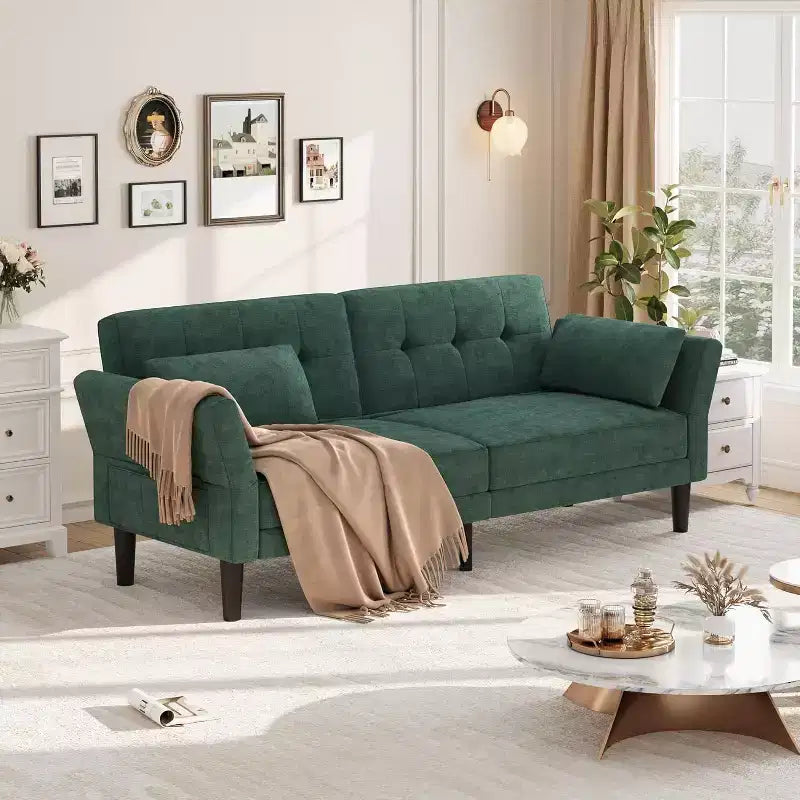 89 Futon Sofa Bed, Modern Sleeper Sofa with Adjustable Backrest & Armrest, Convertible Futon Couch Bed with 2 Pillows for Home Office