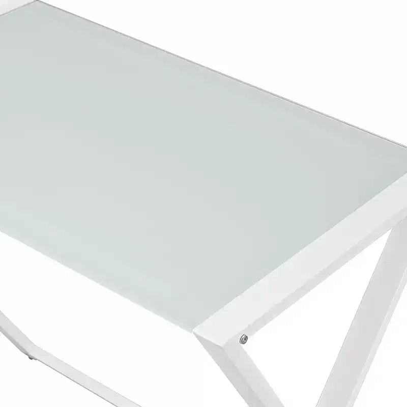 Modern L-Shaped Metal and Tempered Glass Computer Desk with X-Frame