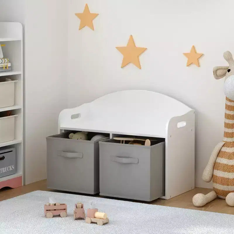 Kids Wooden Toy Box/Bench with Collapsible Fabric Drawers - White