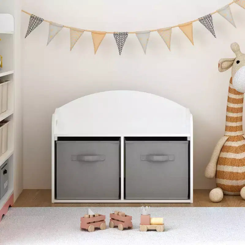 Kids Wooden Toy Box/Bench with Collapsible Fabric Drawers - White