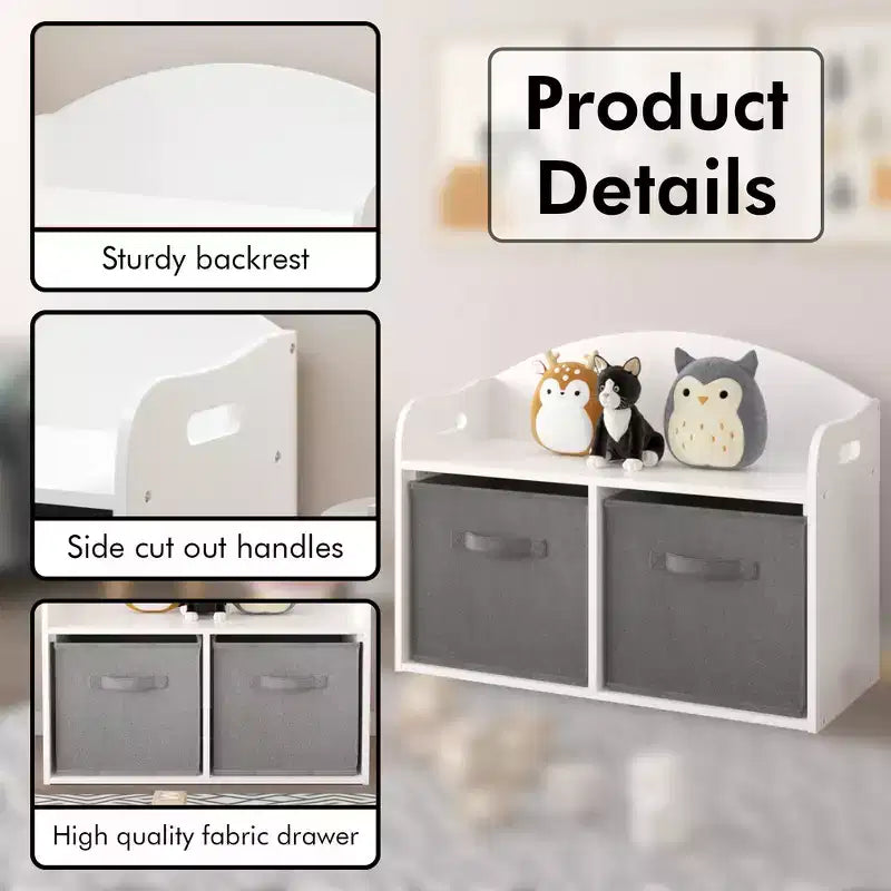 Kids Wooden Toy Box/Bench with Collapsible Fabric Drawers - White