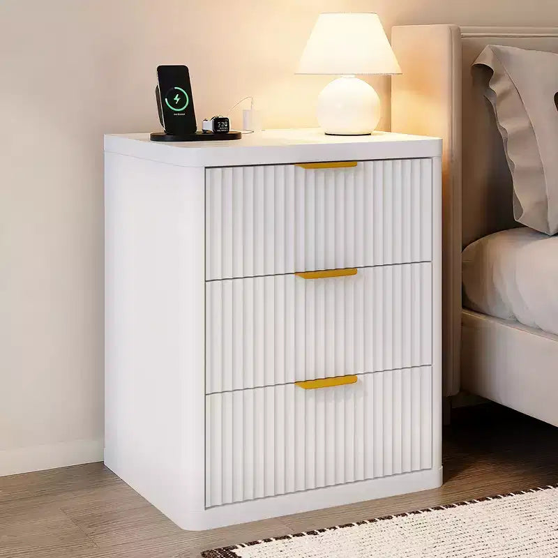 Mid Century Modern End Table, Bedside,3 Drawers Storage Space,Nightstand with Charging Station, Metal Handles and Rounded Corners,Bedroom, Living