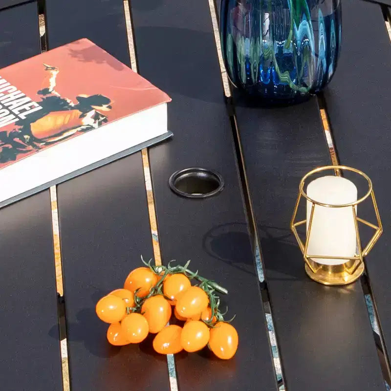Captiva Designs 5-częściowy zewnętrzny zestaw mebli jadalnianych na taras z czarnym okrągłym stalowym stołem z listewkowym blatem i krzesłami na stalowej ramie z siedziskiem z tkaniny