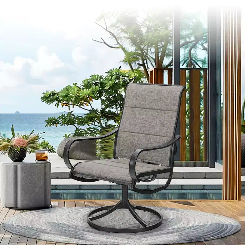 Captiva Designs 5-częściowy zewnętrzny zestaw mebli jadalnianych na taras z czarnym okrągłym stalowym stołem z listewkowym blatem i krzesłami na stalowej ramie z siedziskiem z tkaniny