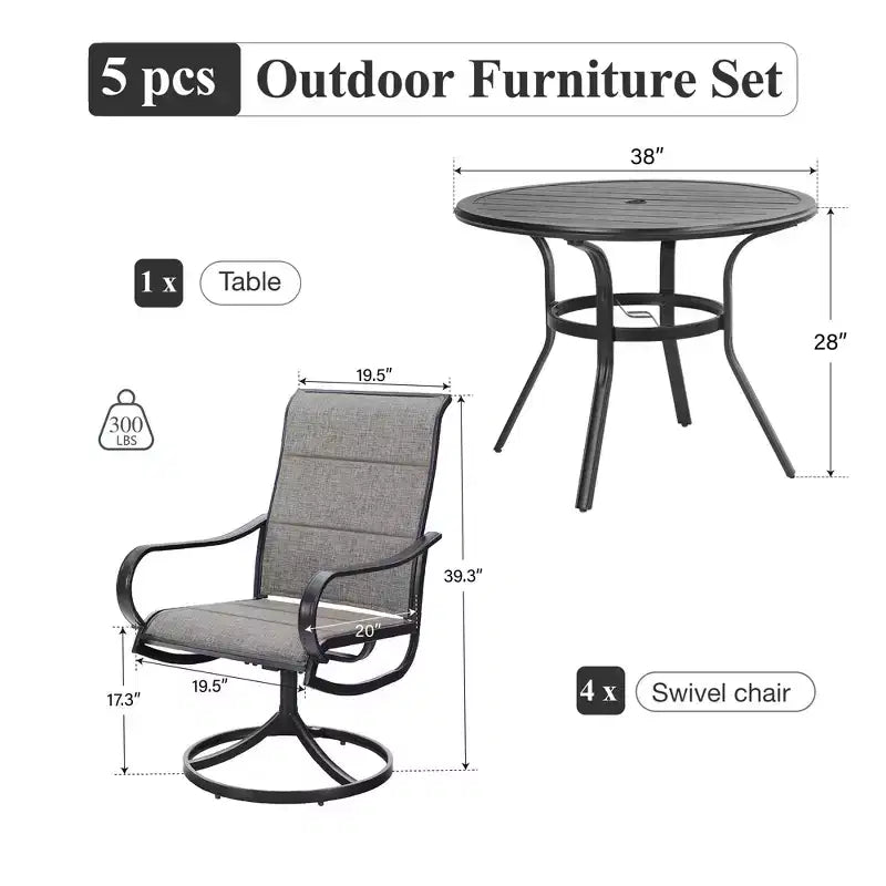 Captiva Designs 5-częściowy zewnętrzny zestaw mebli jadalnianych na taras z czarnym okrągłym stalowym stołem z listewkowym blatem i krzesłami na stalowej ramie z siedziskiem z tkaniny