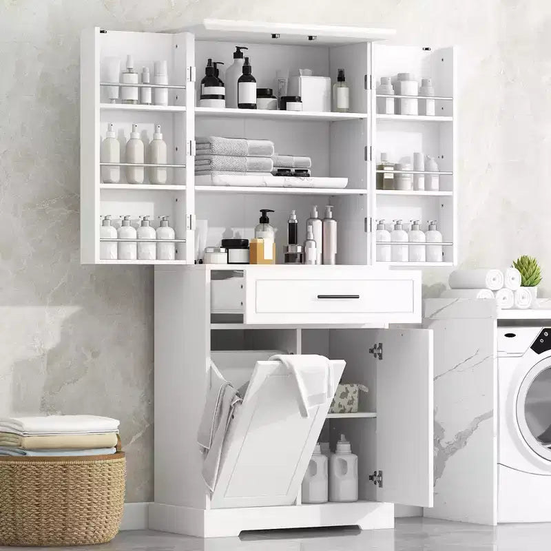 Tall Bathroom Storage Cabinet with Tilt-Out Laundry Hamper and Adjustable Shelf