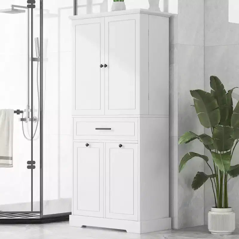 Tall Bathroom Storage Cabinet with Tilt-Out Laundry Hamper and Adjustable Shelf