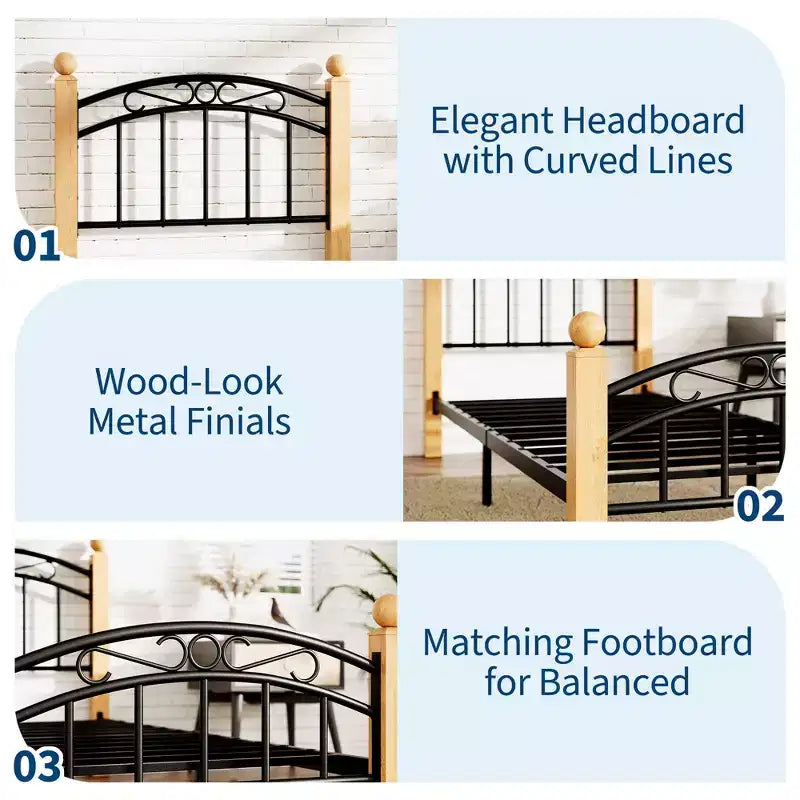 Metal Bed Frame with Headboard and Footboard, Metal & Noise-Free Design, Steel Slats, No Box Spring Needed