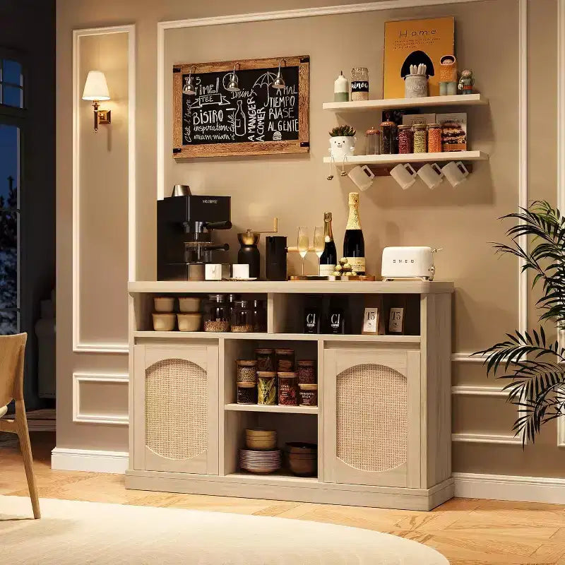 2-Door Rattan Decorated Sideboard Buffet Cabinet with Adjustable Shelves
