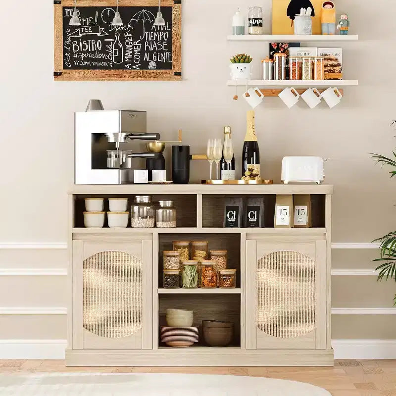 2-Door Rattan Decorated Sideboard Buffet Cabinet with Adjustable Shelves