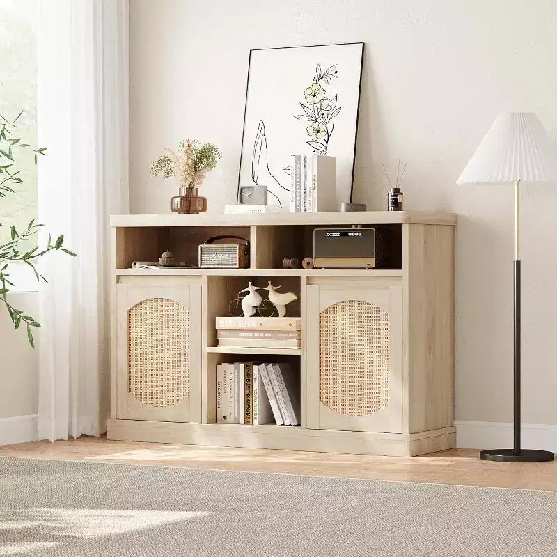 2-Door Rattan Decorated Sideboard Buffet Cabinet with Adjustable Shelves