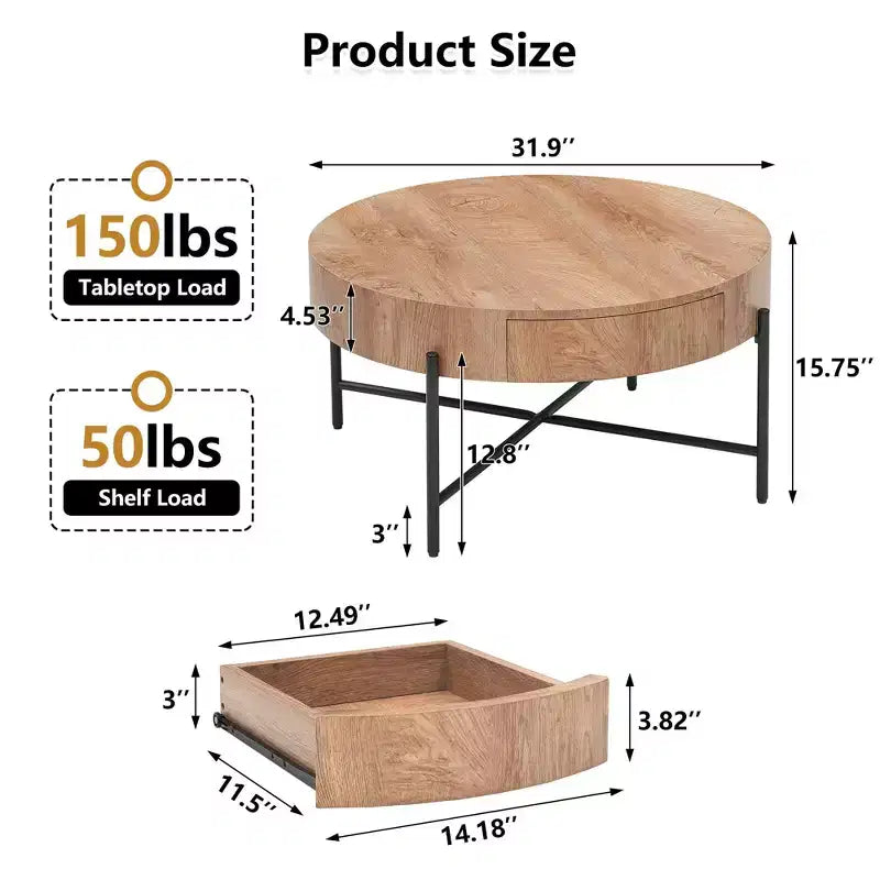 Round Wood Coffee Table with Drawer and Storage for Living Room