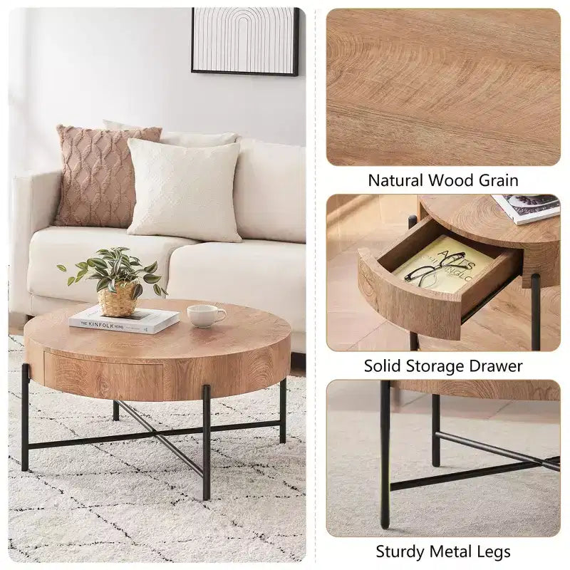 Round Wood Coffee Table with Drawer and Storage for Living Room