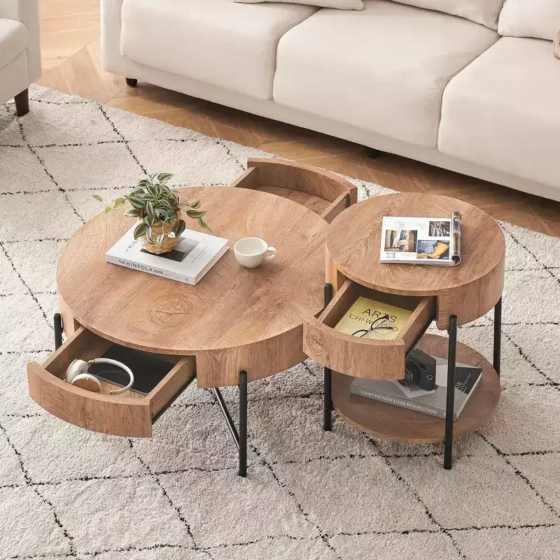 Round Wood Coffee Table with Drawer and Storage for Living Room