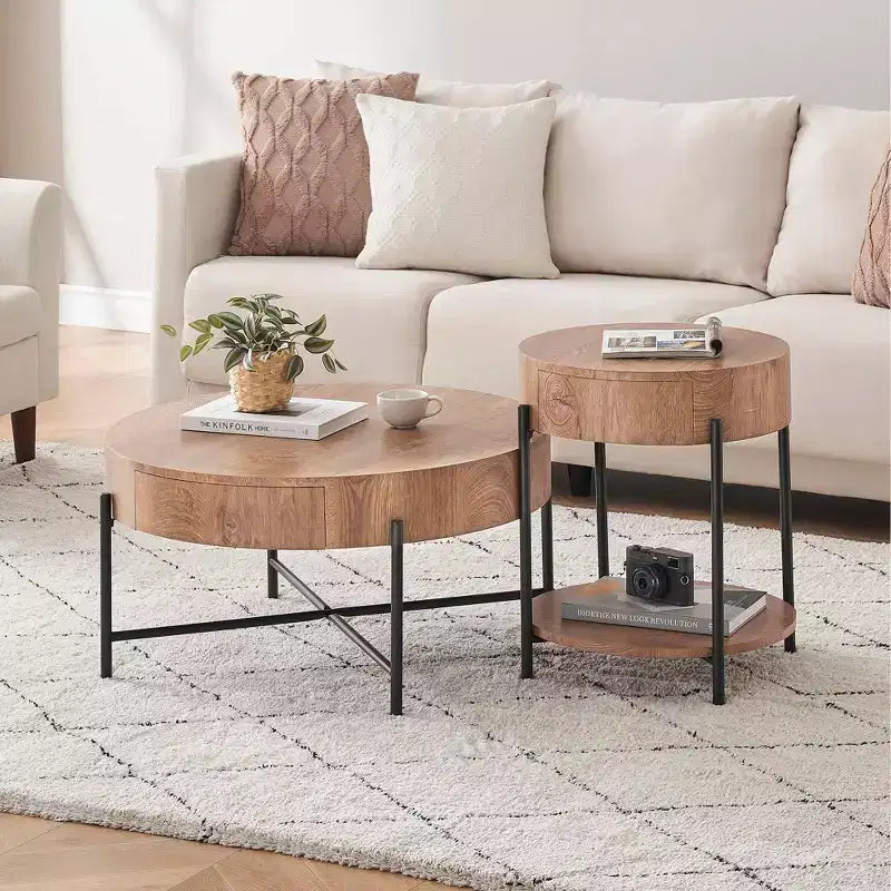 Round Wood Coffee Table with Drawer and Storage for Living Room