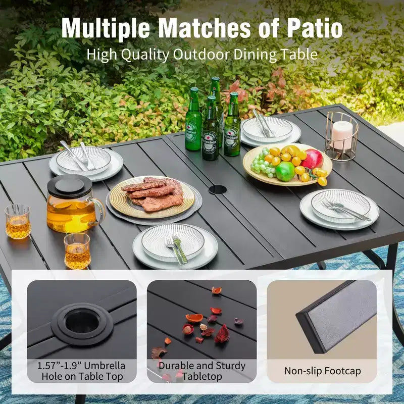 Set da pranzo da patio da 7 pezzi Captiva Designs con tavolo in acciaio a doghe e sedie in rattan con cuscini rimovibili