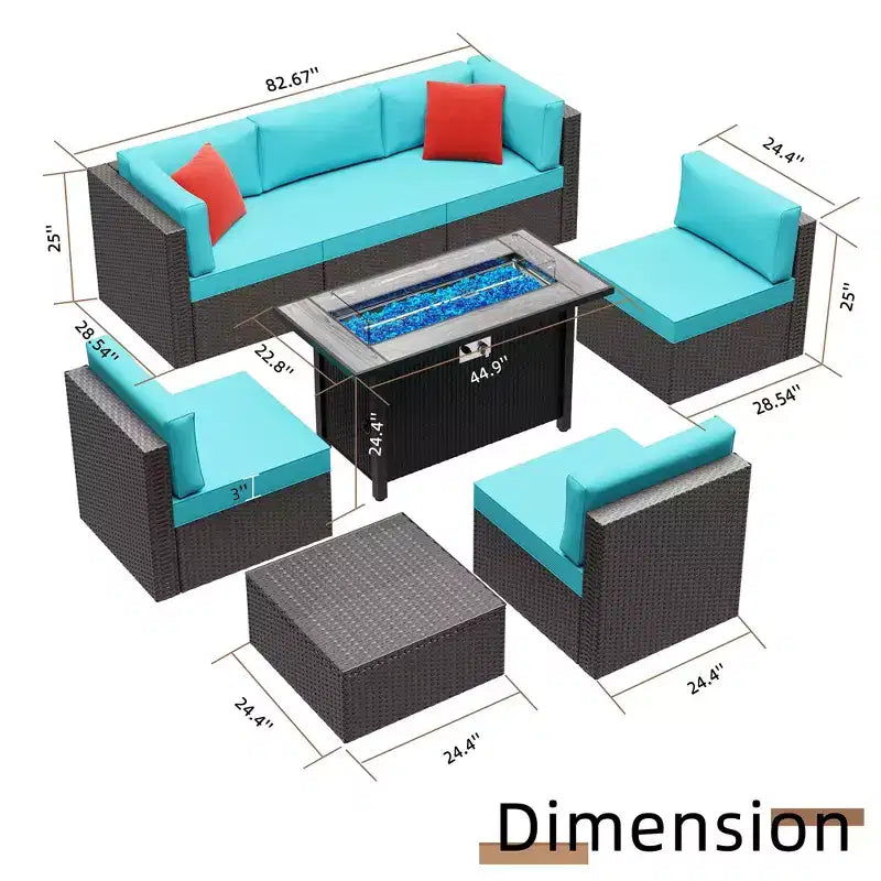 Celebalcony 8-delige tuinmeubelset met vuurtafel van 45In. Loungeset voor buiten van PE-vlechtwerk en rotan met zitbank, voor gesprekken, met rood kussen
