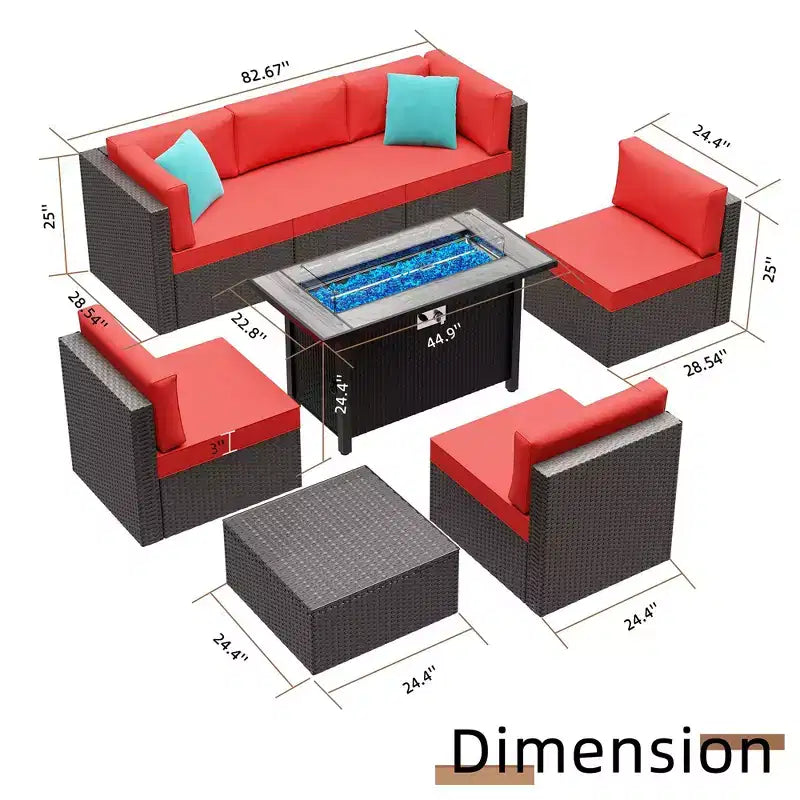 Celebalcony 8-delige tuinmeubelset met vuurtafel van 45In. Loungeset voor buiten van PE-vlechtwerk en rotan met zitbank, voor gesprekken, met rood kussen