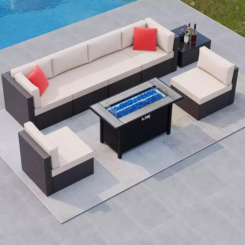 Celebalcony 8-delige tuinmeubelset met vuurtafel van 45In. Loungeset voor buiten van PE-vlechtwerk en rotan met zitbank, voor gesprekken, met rood kussen