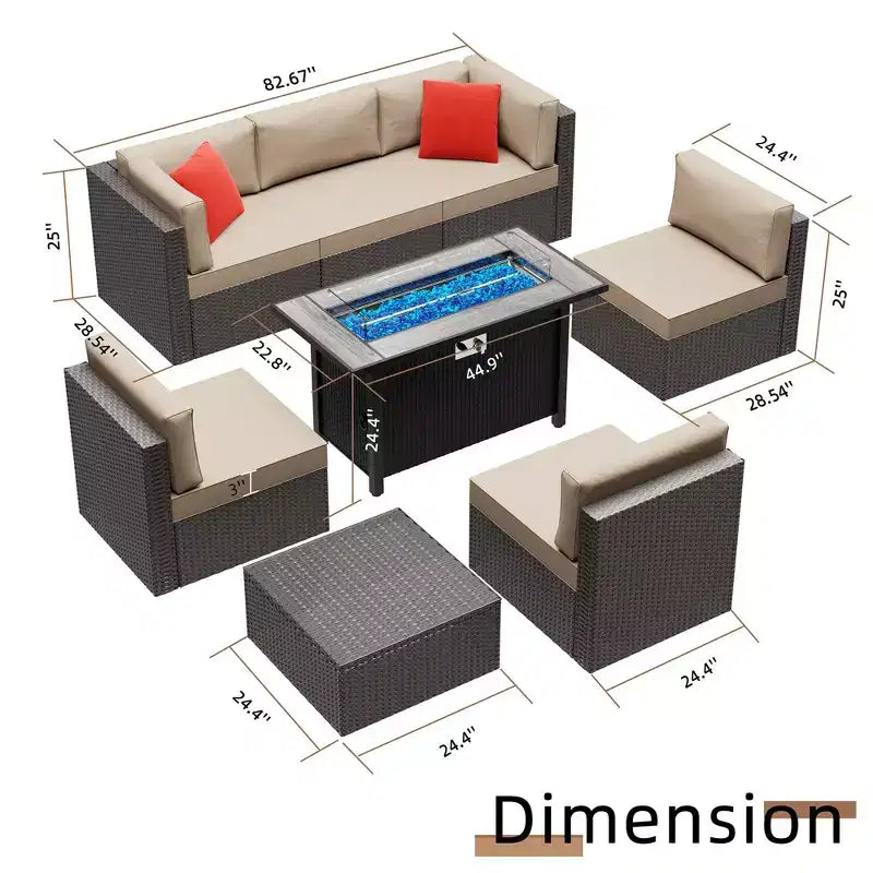 Celebalcony 8-delige tuinmeubelset met vuurtafel van 45In. Loungeset voor buiten van PE-vlechtwerk en rotan met zitbank, voor gesprekken, met rood kussen