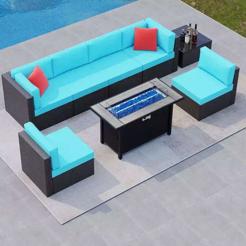 Celebalcony 8-delige tuinmeubelset met vuurtafel van 45In. Loungeset voor buiten van PE-vlechtwerk en rotan met zitbank, voor gesprekken, met rood kussen