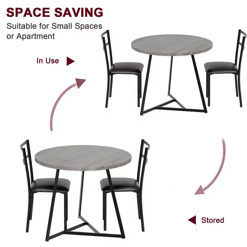 Dining Table Set for 2, Round Wooden Kitchen Table and Chairs, 2 Metal and Wood Chairs, for Small Space, Apartment