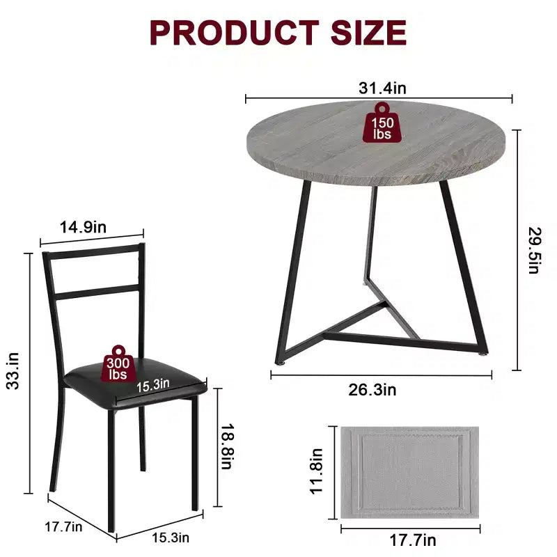 Dining Table Set for 2, Round Wooden Kitchen Table and Chairs, 2 Metal and Wood Chairs, for Small Space, Apartment