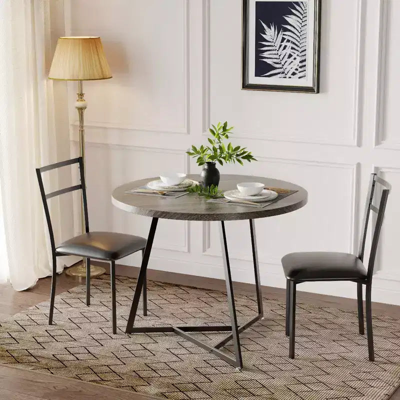 Dining Table Set for 2, Round Wooden Kitchen Table and Chairs, 2 Metal and Wood Chairs, for Small Space, Apartment
