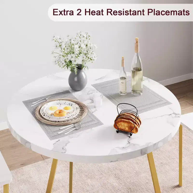 Dining Table Set for 2, Round Wooden Kitchen Table and Chairs, 2 Metal and Wood Chairs, for Small Space, Apartment