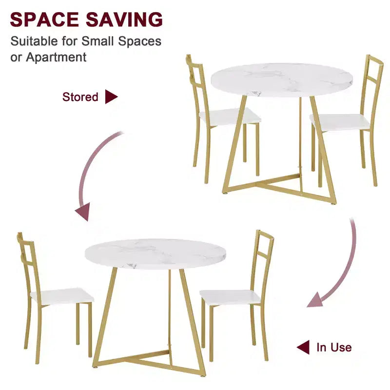 Dining Table Set for 2, Round Wooden Kitchen Table and Chairs, 2 Metal and Wood Chairs, for Small Space, Apartment