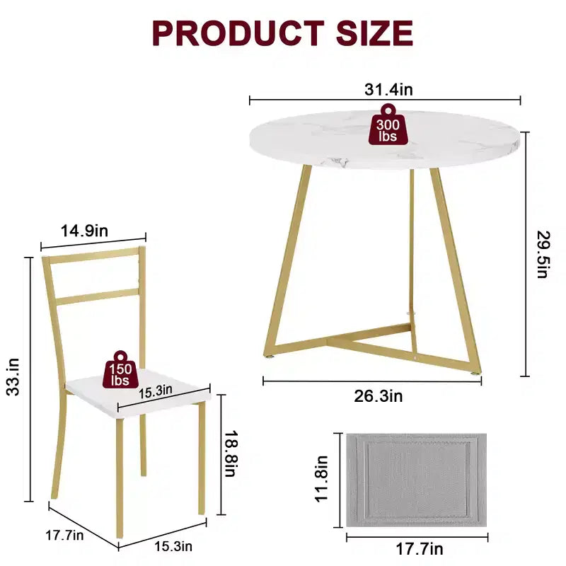 Dining Table Set for 2, Round Wooden Kitchen Table and Chairs, 2 Metal and Wood Chairs, for Small Space, Apartment