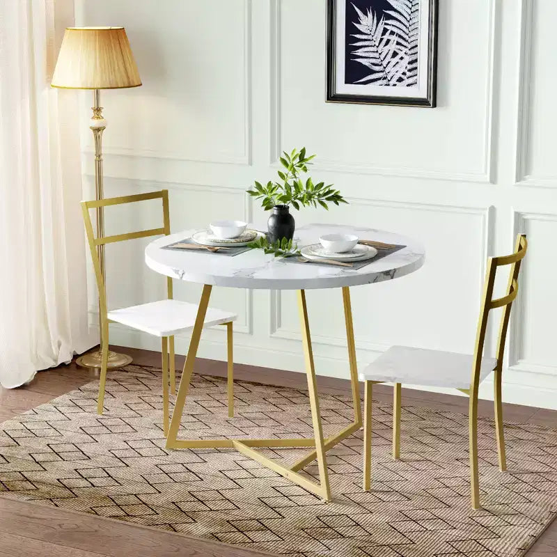 Dining Table Set for 2, Round Wooden Kitchen Table and Chairs, 2 Metal and Wood Chairs, for Small Space, Apartment