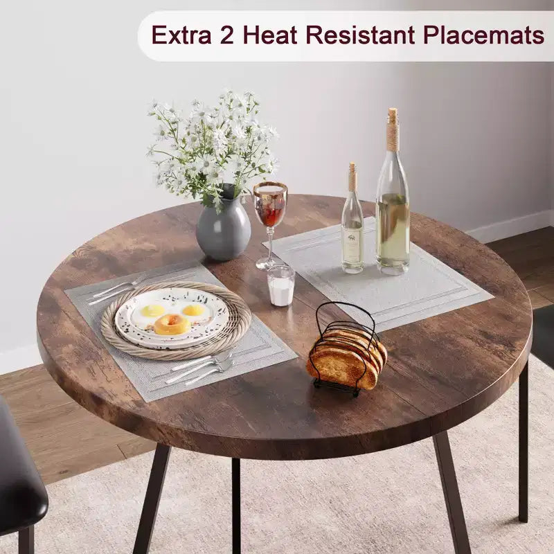 Dining Table Set for 2, Round Wooden Kitchen Table and Chairs, 2 Metal and Wood Chairs, for Small Space, Apartment