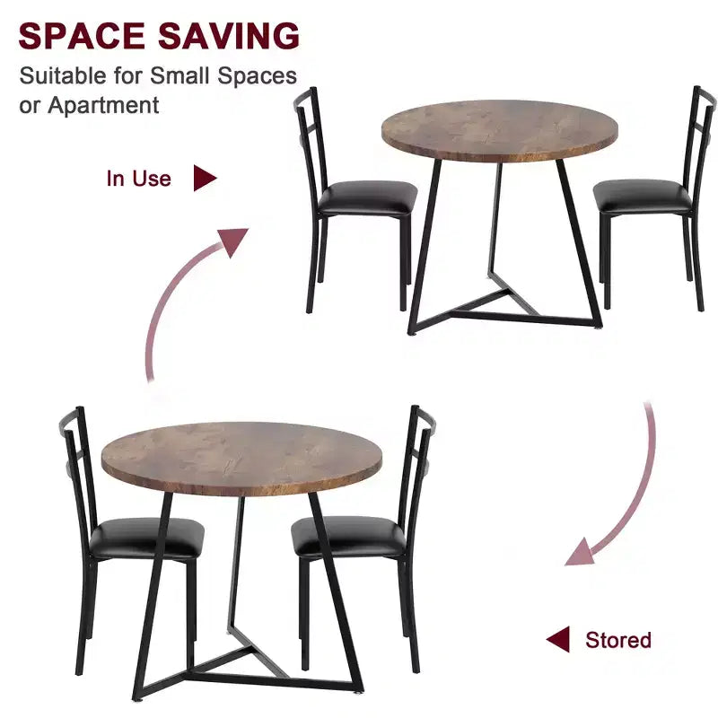 Dining Table Set for 2, Round Wooden Kitchen Table and Chairs, 2 Metal and Wood Chairs, for Small Space, Apartment
