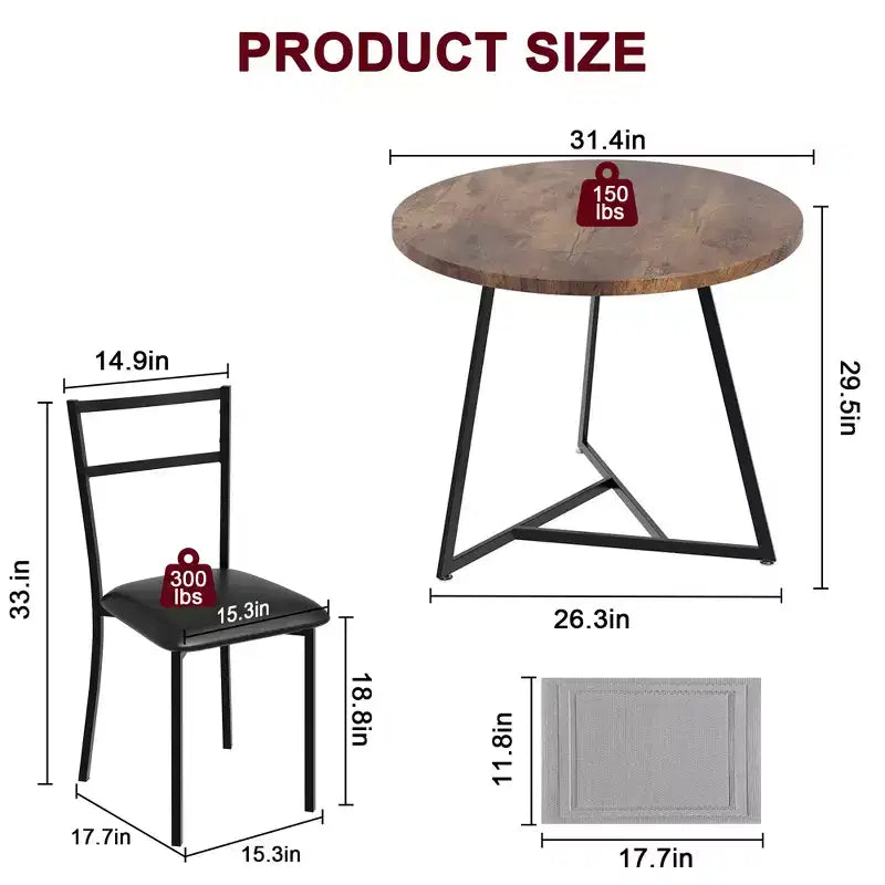 Dining Table Set for 2, Round Wooden Kitchen Table and Chairs, 2 Metal and Wood Chairs, for Small Space, Apartment