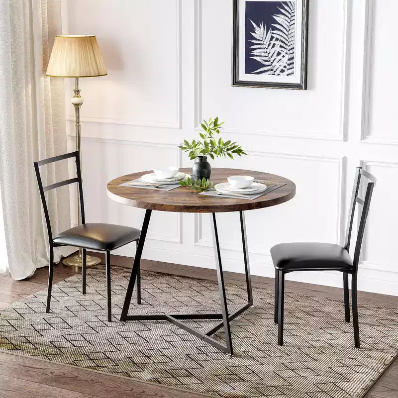 Dining Table Set for 2, Round Wooden Kitchen Table and Chairs, 2 Metal and Wood Chairs, for Small Space, Apartment