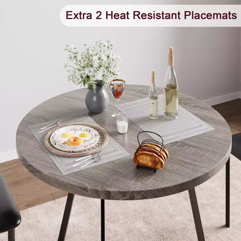 Dining Table Set for 2, Round Wooden Kitchen Table and Chairs, 2 Metal and Wood Chairs, for Small Space, Apartment
