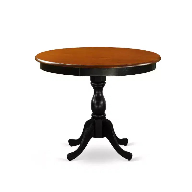 HomeStock ronde eettafelset met 5 onderdelen, blad van massief hout met zwarte en kersenhouten afwerking, met 4 stoelen met spijlenrug