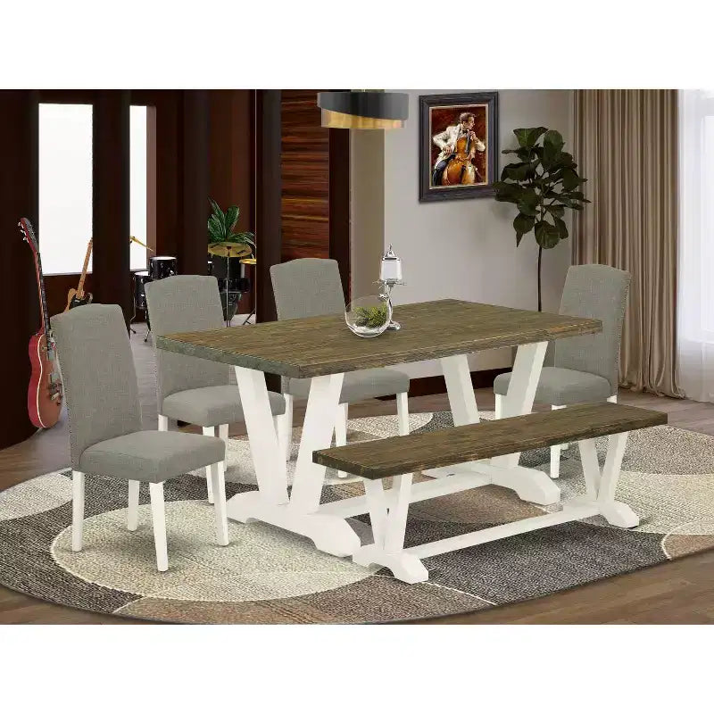 6-Piece Rectangle Distressed Jacobean Finish Solid Wood Top Dining Table with 1-Bench, 4-Chairs with