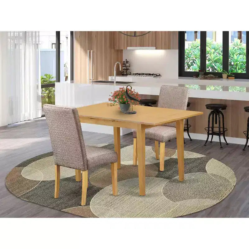 Rectangular Dining Table Set - 3pc Cottage Table & Chairs, Linen Fabric, Dark Khaki Finish