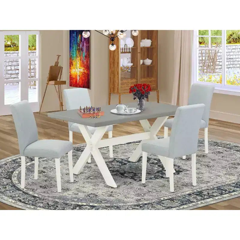 HomeStock 5-Pc Rectangle Natural Oak Finish Solid Wood Top Dining Table with 4 Upholstered-Chairs