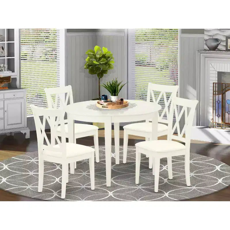 5 Piece Dinette Set - Round Kitchen Table & 4 Dining Chairs - 42 Inch - Linen White