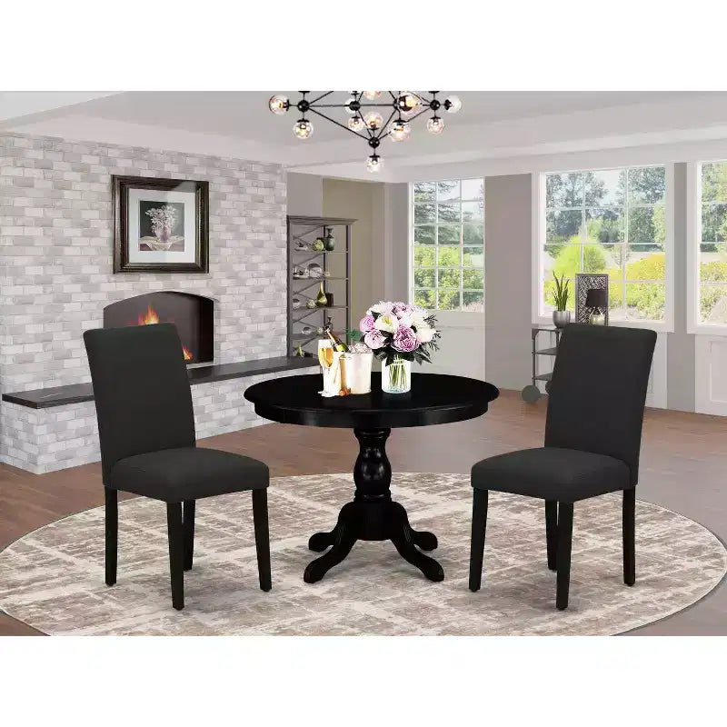 3-Piece Wirebrushed Black Solid Wood Top-Dining Room Set with High Back-Seats 4