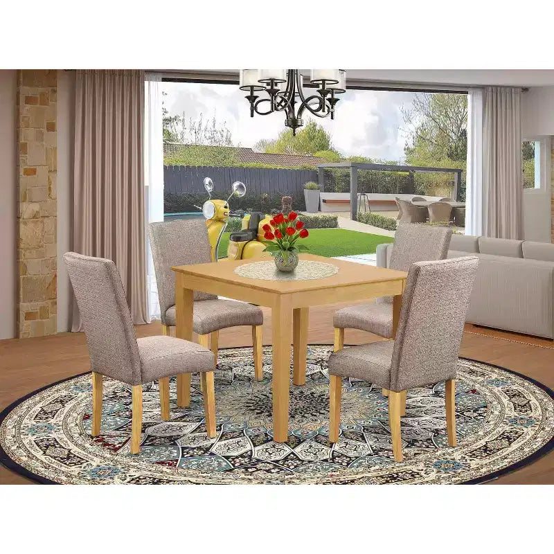 Ensemble repas Country Cottage - table carrée 5 pièces et 4 chaises - tissu en lin - finition chêne