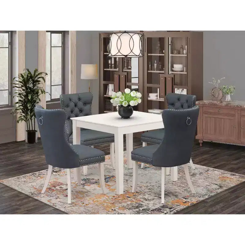 5-Piece Linen White Finish Solid Wood Top - Square Upholstered Dining Room Set - Seats 4