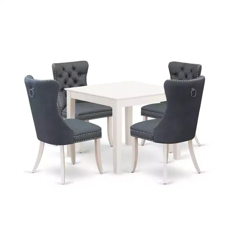 5-Piece Linen White Finish Solid Wood Top - Square Upholstered Dining Room Set - Seats 4