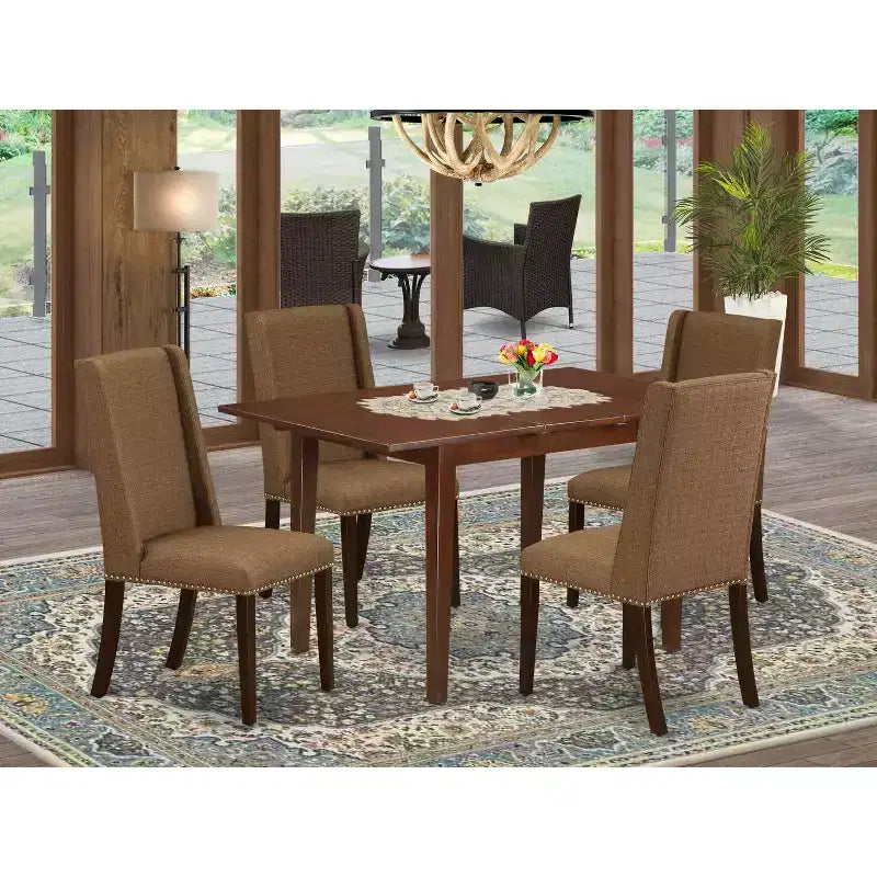 HomeStock 5-delige eetkamertafelset met massief houten blad in mahoniekleur, 4 Parsons-stoelen en vlinderblad